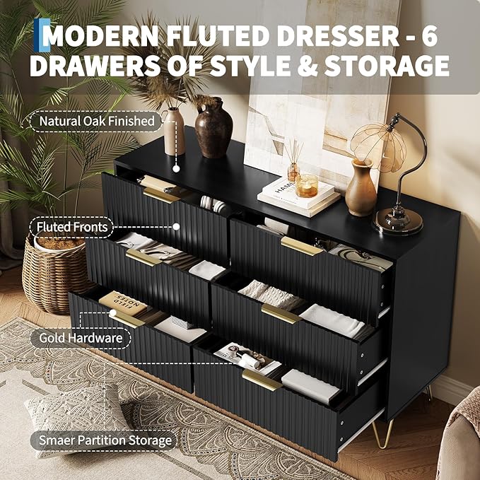Garvee Fluted Dresser for Bedroom with 6 Drawers,47" Wide Modern Chest of Wooden Bedroom Chest with Metal Handle,Clothes Storage Organizer,Closet Dresser & TV Stand for Living Room,Hallway,6&Black