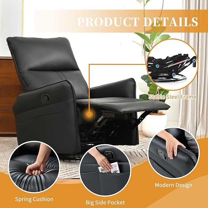 Swivel Rocker Recliner Chair, Upholstered 360° Fabric Leather Glider Rocker Chair for Nursery, Manual Small Recliners for Small Spaces Living Room Weight Capacity 300lbs