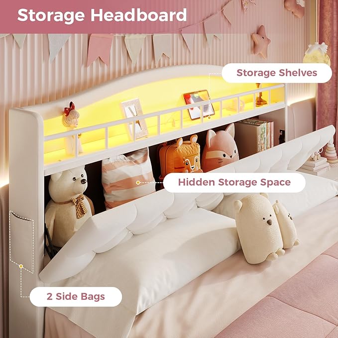 BTHFST Full Size Upholstered Girl Bed with LED Lights & Charging Station, Princess Platform Bed with Hidden Storage Headboard, No Box Spring Needed/Easy Assembly, Beige