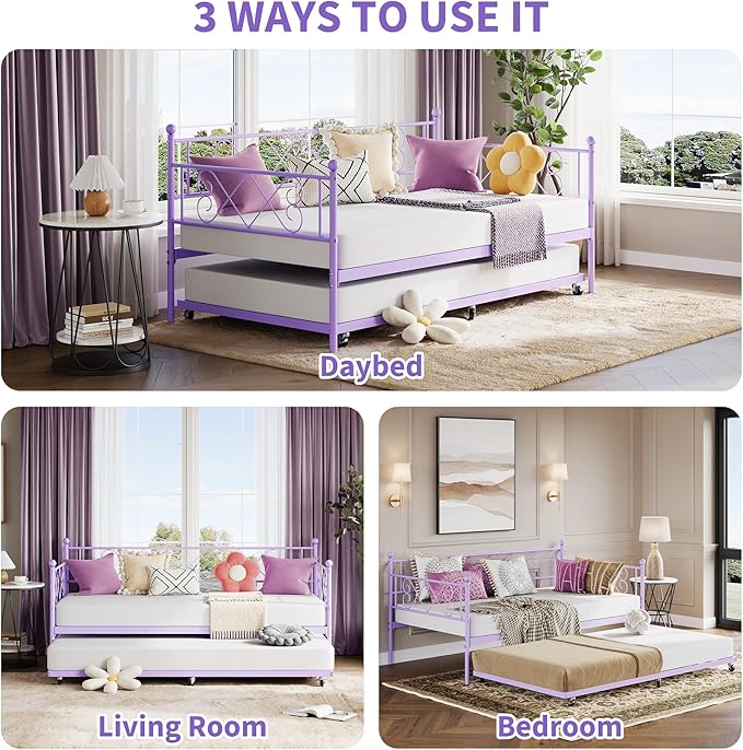 Daybed with Trundle, Trundle Bed Twin with Heart-shaped Headboard for Kids, Sturdy Metal Day Bed with Steel Slat Support, Twin Daybed for Living Room, Bedroom and Guest Room, Easy Assembly, Purple