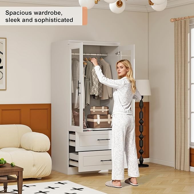 Armoire Wardrobe Closet with 2 Glass Door, White Wood Wardrobe Closet Wooden Bedroom Armoire with 2 Drawer Hanging Rods for Home/Bedroom/Living Room Style-51