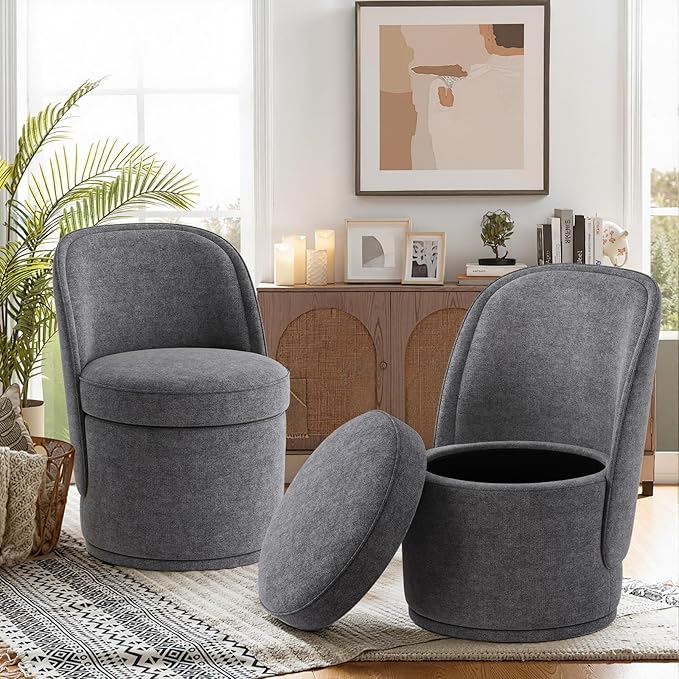 Swivel Accent Chair Set of 2, 360° Swivel Round Chair with Hidden Storage, Modern Small Barrel Armchair for Living Room/Bedroom, Darkgrey