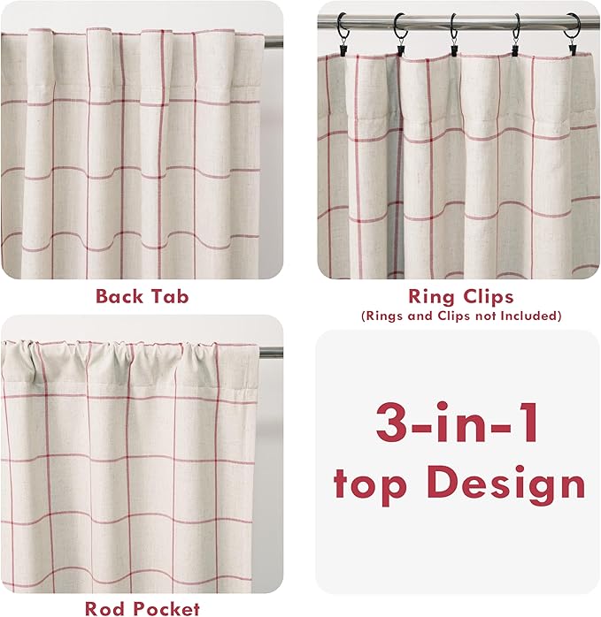 DriftAway 2 Panels 100% Blackout Windowpane Plaid Linen Curtains Double Layer Drapes for Bedroom 72 Inches Long Farmhouse Thermal Insulated 3.25 Inch Rod Pocket Back Tab for Living Room Red