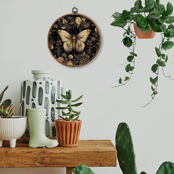 Hiuwevt Dark Floral Butterfly Round Wall Art Decor, Elegant Gold Flower Butterfly Hanging Canvas Prints Artwork Framed, Rustic Cottagecore Moth Circular Wall Decor for Home Bedroom, 10x10 Inch