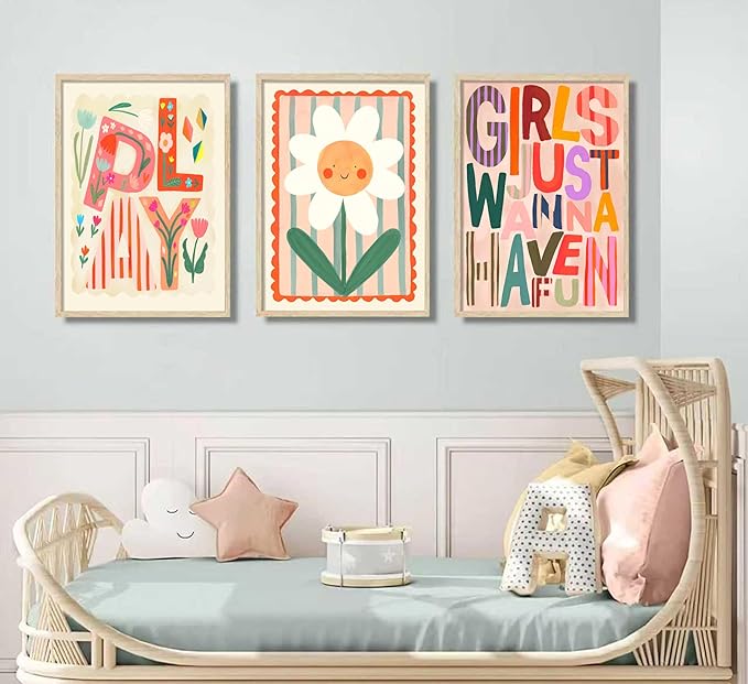 Boho Floral Sun Nursery Wall Art Girls Just Wanna Have Fun Positivity Affirmation Rainbow Print Playroom Classroom Counseling Office wall decor Play Poster for Kids Bedroom, 12x16 Inch, Set of 3