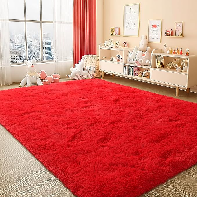 BENRON Fluffy Rugs for Living Room 5x8 Red, Washable Large Area Rugs for Bedroom Dining Table Office Kids Nursery Room, Washable Indoor Floor Carpets