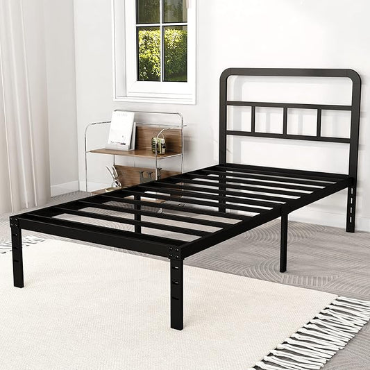 14 Inch Twin XL Bed Frame with Headboard No Box Spring Needed Metal Platform Heavy Duty Steel Slat Mattress Foundation/Easy Assembly/Noise Free/Black