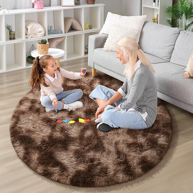 EVOIONOS Tie-Dyed Coffee Round Rug for Bedroom, 4x4 Ft Fluffy Soft Circle Area Rugs for Living Room, Plush Shaggy Circular Carpet for Indoor Floor Bedside Kids Nursery, Home Decor Aesthetic