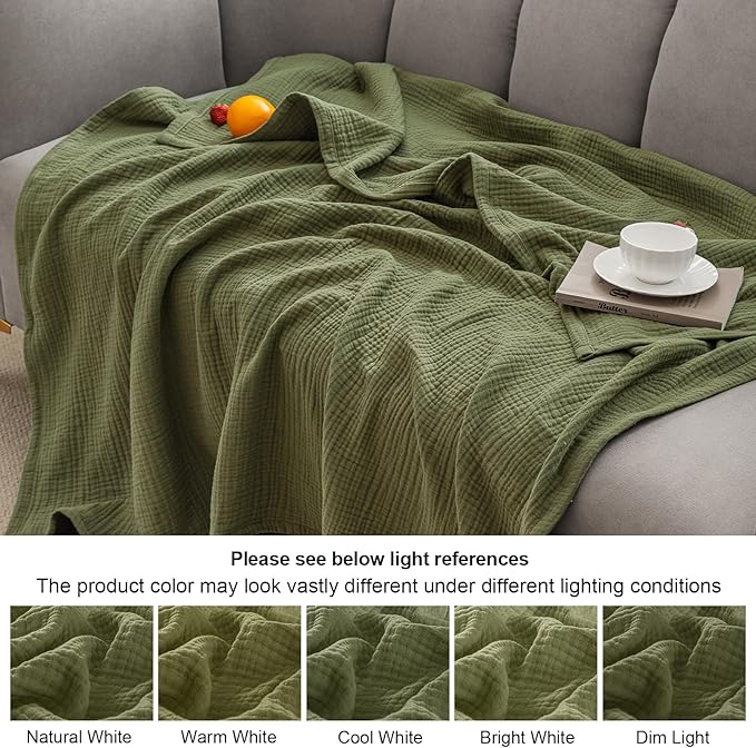 PHF 100% Cotton Muslin Blanket Queen Size 90"x90", 4-Layer Lightweight Gauze Throw, Breathable Cloud-Soft Minimalist Blanket for Bed, Couch, Camping & Baby, Olive Green, Ideal Gift