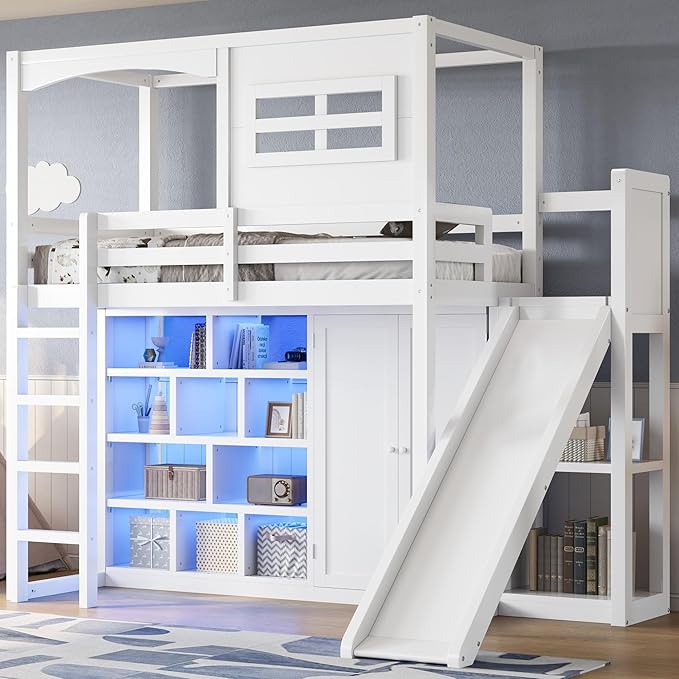 Playhouse Style Loft Bed Twin Size with Slide and Ladder, Solid Wood Loft Bed Frame with Wardrobe and Storage Shelves for Kids Teens, Maximize Space