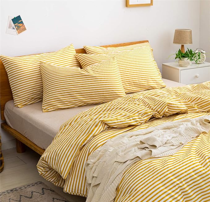 JELLYMONI 100% Natural Cotton 3pcs Striped Duvet Cover Sets,White Duvet Cover with Yellow Stripes Pattern Printed Comforter Cover,with Zipper Closure & Corner Ties(Cal King Size)