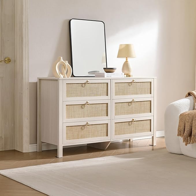SICOTAS Rattan 6 Drawer Dresser for Bedroom : 51" White Dresser Chest of Drawers Cabinet for Closet with Larger Storage, Boho Farmhouse Wide Tall Dressers TV Stand for Living Room, Hallway