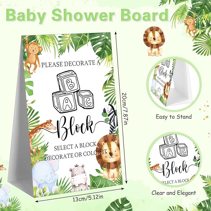 Marsui 136 Pcs Baby Shower Blocks to Decorate Game Kit Includes 98 Wooden Blocks, 36 Markers, 1 Game Sign, 1 Storage Box for Baby Shower Gender Reveal Activity Party Decorations(Animal)