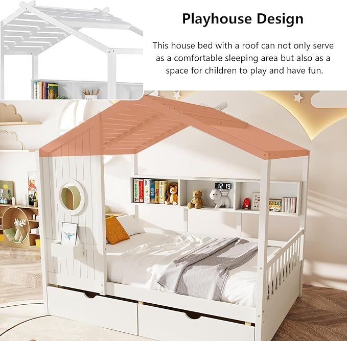 Aoowow Full Size House Bed with Storage Shelves and Drawers, Wood Platform Kids House Bed with Window and Roof for Bedroom, Full Playhouse Bed Frames for Boys Girls, Can be Decorated, White