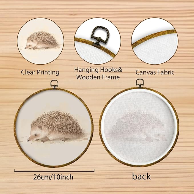Hiuwevt Hedgehog Round Wall Art Decor, Vintage Jungle Animal Framed Canvas Prints, Neutral Animal Round Wall Hanging Decor for Nursery Bedroom Home Living Room Decorations, 10x10 Inches