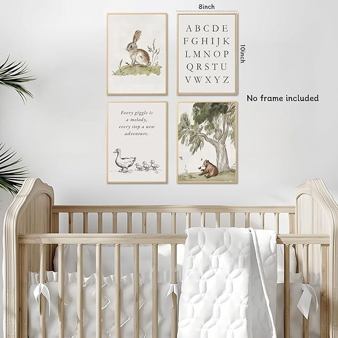 Nursery Gallery Wall Art Animal Canvas Prints Vintage Rustic Poster Set for Kids’ Room Decor Alphabet Inspirational Quotes Wall Art Neutral Baby Room Painting Unframed 8x10 Inches