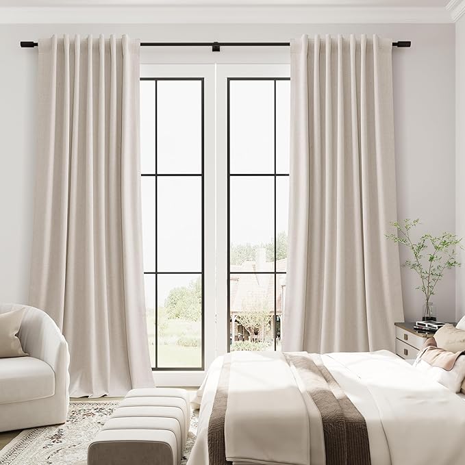 Guken Linen Light Blocking Curtains for Living Room 120 Inches Long 2 Panels Set Natural Linen Textured Black Out Thermal Insulated Soundproof Primitive Back Tab Drapes Bedroom Nursery 52x120 10Ft