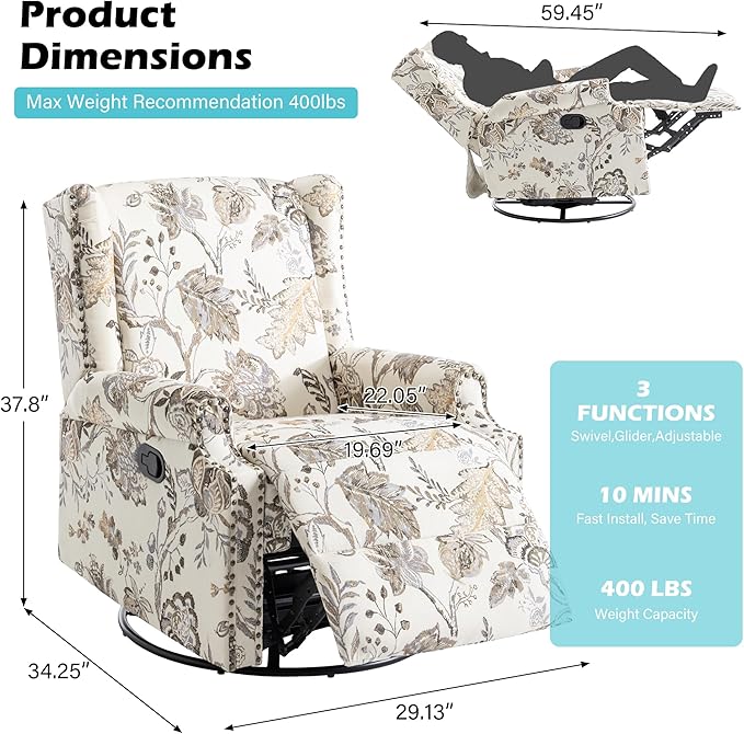 UIXE Floral Swivel Glider Recliner Chairs Set of 2, High Back Nursery Rocker Fabric Accent Chair for Living Room, Rivet Trim Upholstered Armchair Manual Reclining Sofa Seating - Beige Plants