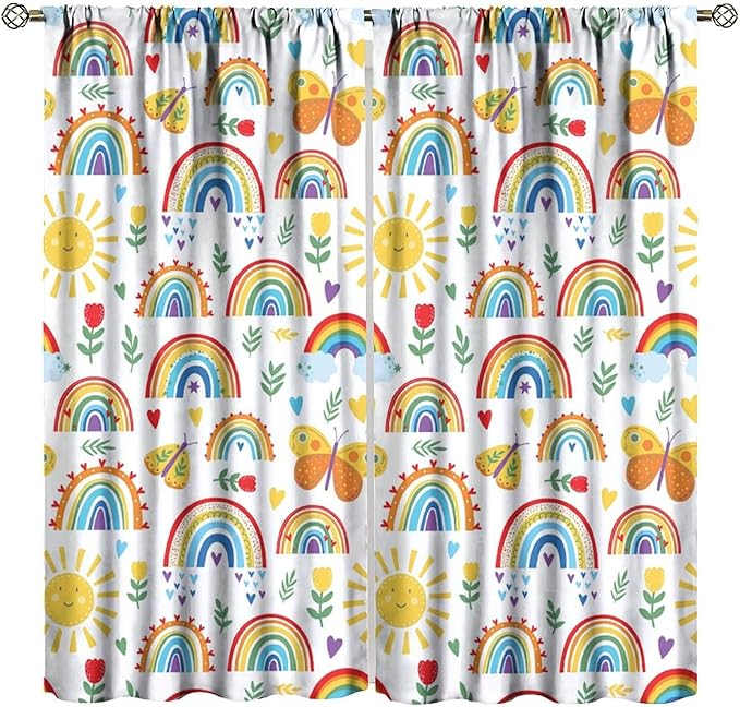 Boho Rainbow Curtains for Kids Nursery Colorful Floral Sun Star Clouds Pastel Bohemian Pattern Print Window Drapes for Girl Bedroom Living Room Kitchen Decor,2 Panel Set,55Wx63H Inch Blackout