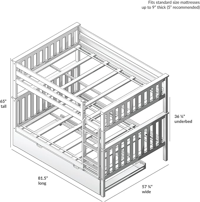 Max & Lily Bunk Bed, Full-Over-Full Wood Bed Frame For Kids With Trundle, White
