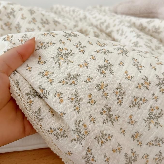 BuLuTu Cotton Muslin Toddler Girls Boys Quilted Blanket with Lace Edges, Soft Lightweight Baby Quilt, Chic Shabby Floral Crib Comforter, 47x59 Inches, Osmanthus Print, All Seasons