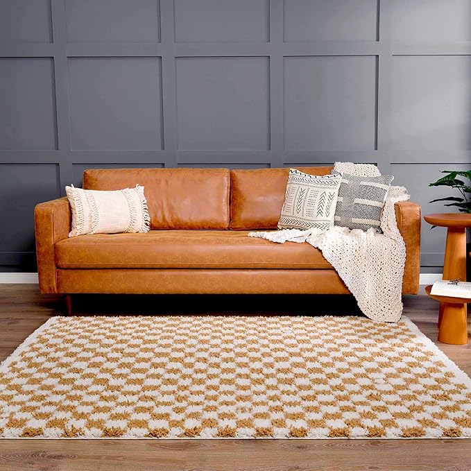 Hauteloom Kieu Contemporary Checkered Fluffy Shag Area Rug - Modern Geometric Soft Carpet Tiles for Living Room, Kids Room, Nursery - White, Yellow - 8'10" x 12'