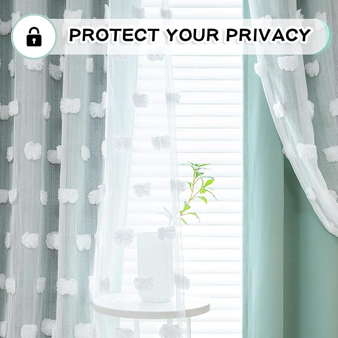 MYSKY HOME Room Darkening Curtains White Sheer Pom Pom Curtains for Living Room Aqua Blackout Curtains for Sliding Door Decor Drapes Double Layer Window Panels Boys Bedroom Grommet Set of 2 W52 X L95