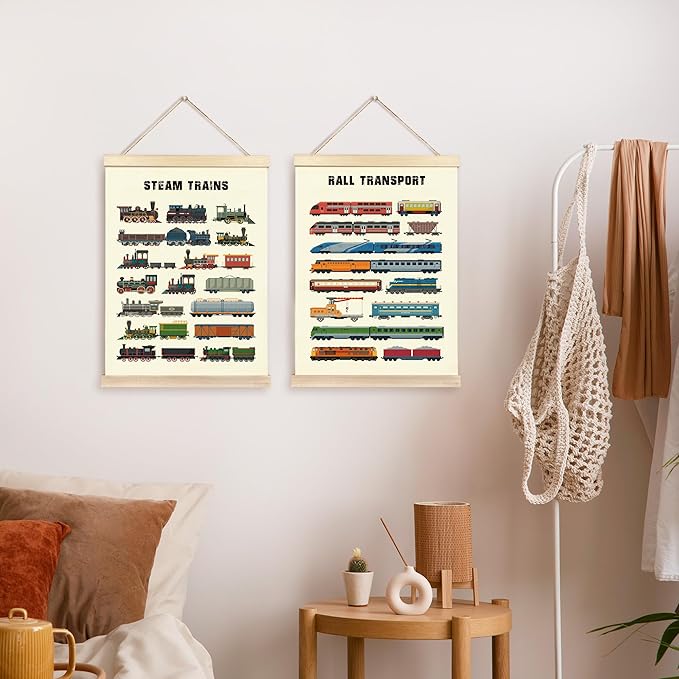 CGBHW Rall Transport and Steam Trains Poster Hanger Frame, Vehicle Construction Learning Educational Posters Wall Art Hanging Decor for Toddler Boy Kids Room Playroom Nursery，12x16Inch Set of 2