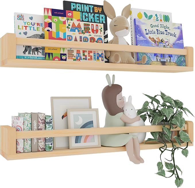 Heimlove 32 Inch Nursery Floating Shelves, Solid Wood Nursery Book Shelves for Wall, Mounted Bookshelf for Toddler Room, Baby Room, Wall Shelves for Books,Toys and Decor Storage, Set of 2