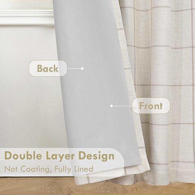 DriftAway 2 Panels 100% Blackout Windowpane Plaid Linen Curtains Double Layer Drapes for Bedroom 102 Inches Long Farmhouse Thermal Insulated 3.25 Inch Rod Pocket Back Tab for Living Room Taupe