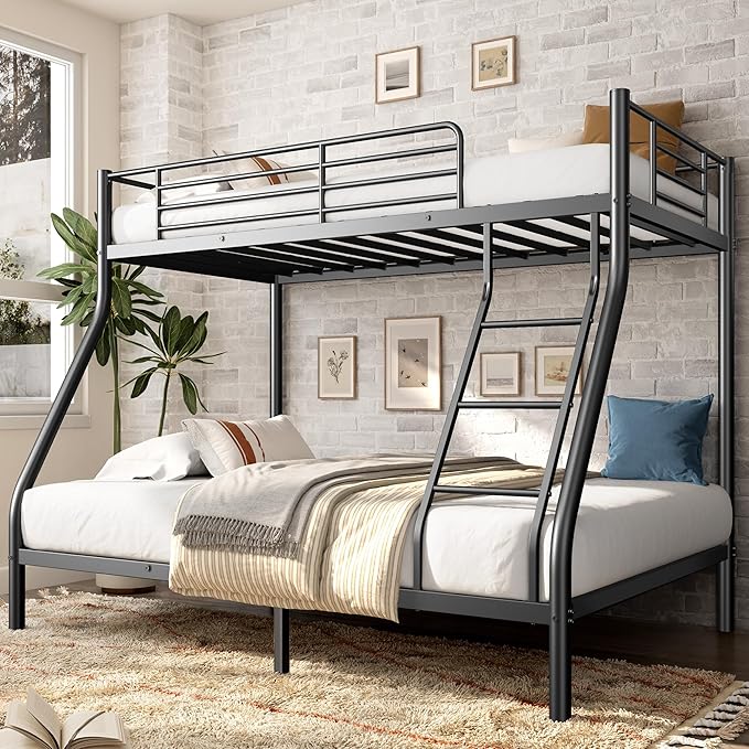 Twin Over Full Bunk Bed for Adults with Stairs, Metal Bunk Beds Twin Over Full Size for Teens Dorm Bedroom Guest Room,Heavy Duty Bunk Beds with Ladder and Guardrail, No Box Spring Needed,Black