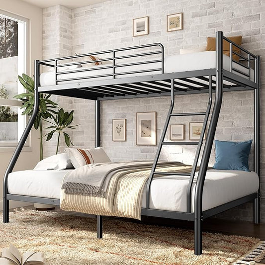 Twin Over Full Bunk Bed for Adults with Stairs, Metal Bunk Beds Twin Over Full Size for Teens Dorm Bedroom Guest Room,Heavy Duty Bunk Beds with Ladder and Guardrail, No Box Spring Needed,Black