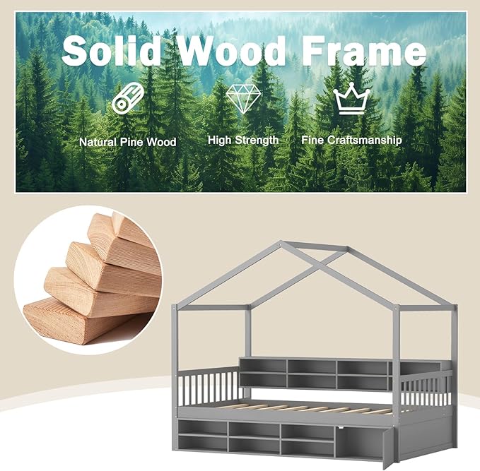 KOMFOTT Twin Size Wood House Bed with Storage Shelves, Wooden Platform Bed Frame with Storage Cabinet, Headboard & Footboard, House Bed with Wood Slats Support, No Box Spring Needed (Grey)