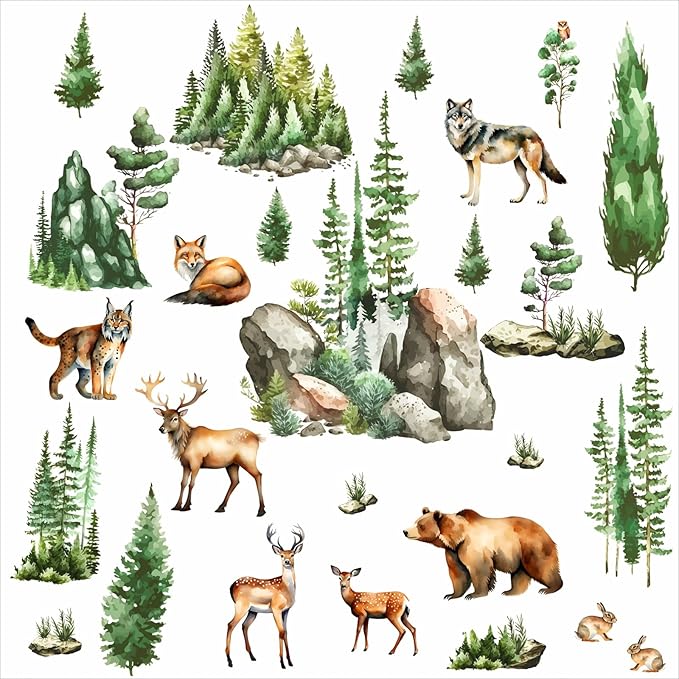 Woodland Animal Window Stickers Clings Watercolor Mountain Animal Tree Wall Decals Green Pine Tree Window Decals Forest Animals Wall Stickers Woodland Window Decoration for Bedroom Living Room