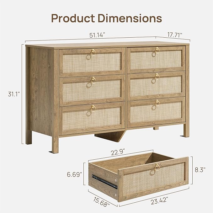 SICOTAS 6 Drawer Dresser for Bedroom - 51" Wide Rattan Dressers Chest of Drawers for Closet, Larger Storage Cabinet Farmhouse Boho Dresser TV Stand for Living Room, Hallway (Carbon Cherry)