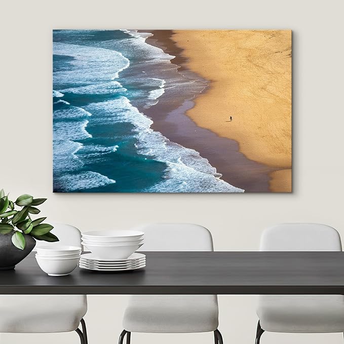 SIGNWIN Canvas Wall Art Serene Ocean Shoreline Aerial Beach View with Rolling Waves and Lone Surfer Photography Modern Art Rustic Landscape Relax/Calm for Living Room, Bedroom - 12"x18"