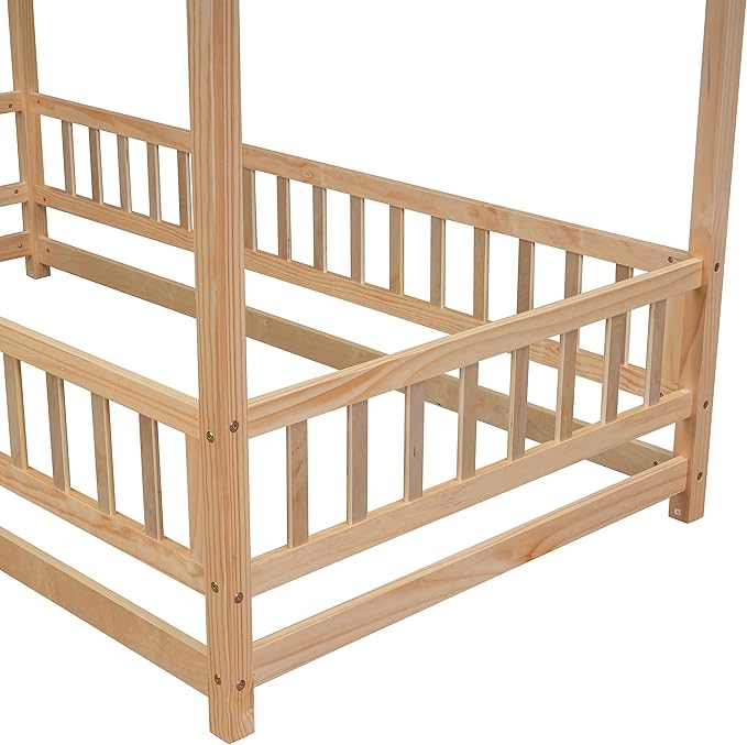 Bellemave Twin Size House Floor Bed Frame,Wooden Montessori Floor Bed with Fence for Kids,Twin Size Kids Bed,Natural