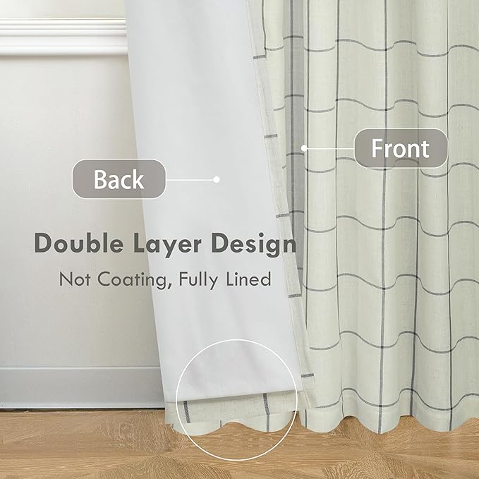 DriftAway 2 Panels 100% Blackout Windowpane Plaid Linen Curtains Double Layer Drapes for Bedroom 108 Inches Long Farmhouse Thermal Insulated 3.25 Inch Rod Pocket Back Tab for Living Room Black