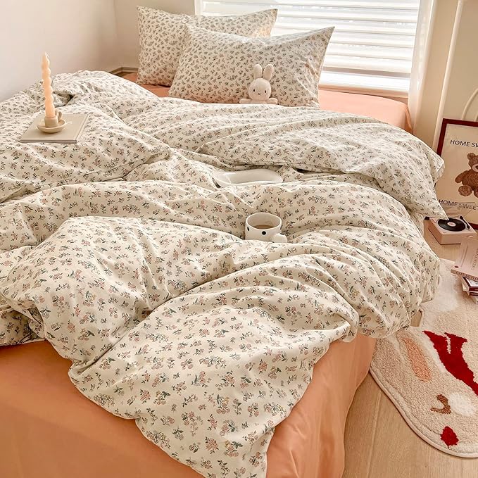 HighBuy Boho Cotton Floral Duvet Cover Twin White Coquette Bedding Comforter Quilt Duvet Covers with Pink Floral,Garden Floral Bedding Set Twin Lightweight Soft Cottagecore Duvet Cover Sets Cute