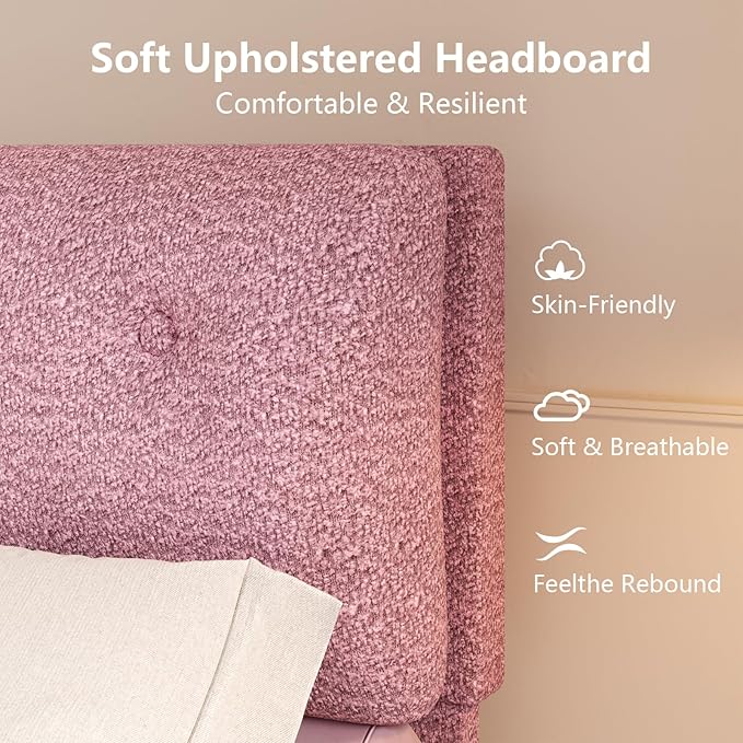Full Size Bed Frame with Headboard, Cloud Boucle Upholstered Bed Frame, Modern Soft Style, Adjustable Headboard, No Box Spring Needed, Easy Assembly, Pink