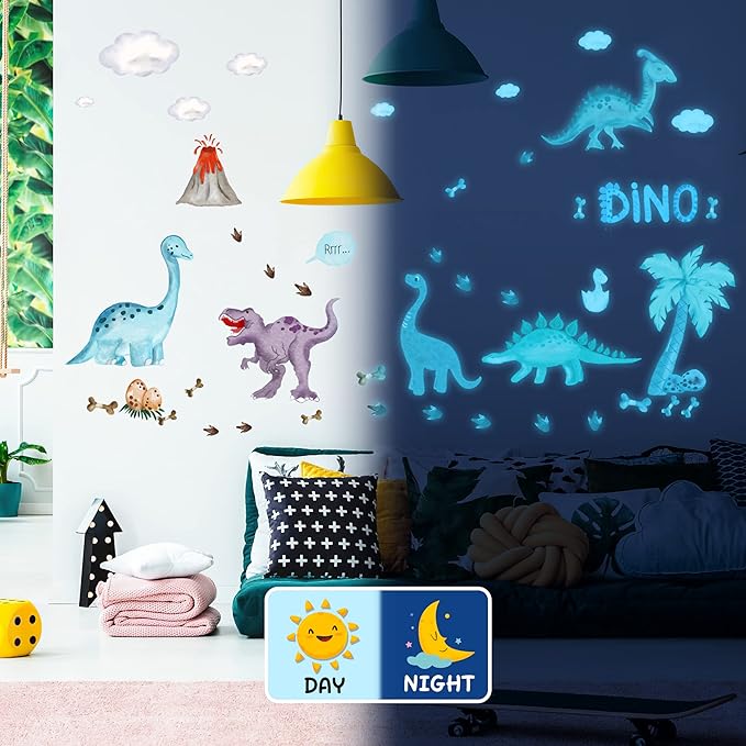 Glow in The Dark Dinosaur Wall Decals, 47 PCS Glowing Dino Stickers for Boys Bedroom, Large Luminous Removable Dinosaur Paw Wall Decor for Nursery