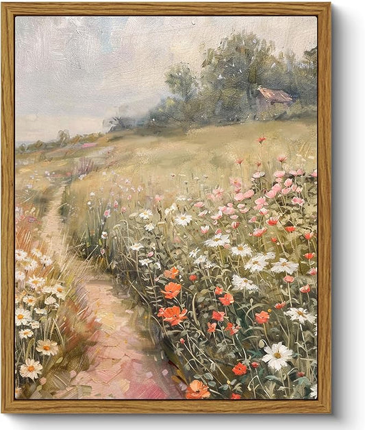 ARPEOTCY Vintage Framed Floral Wall Art, Bedroom Bathroom Country Flower Fields Art Decor, Canvas Print Retro Paintings, Home Rustic Landscape Farmhouse Decor, 8x10 Inch