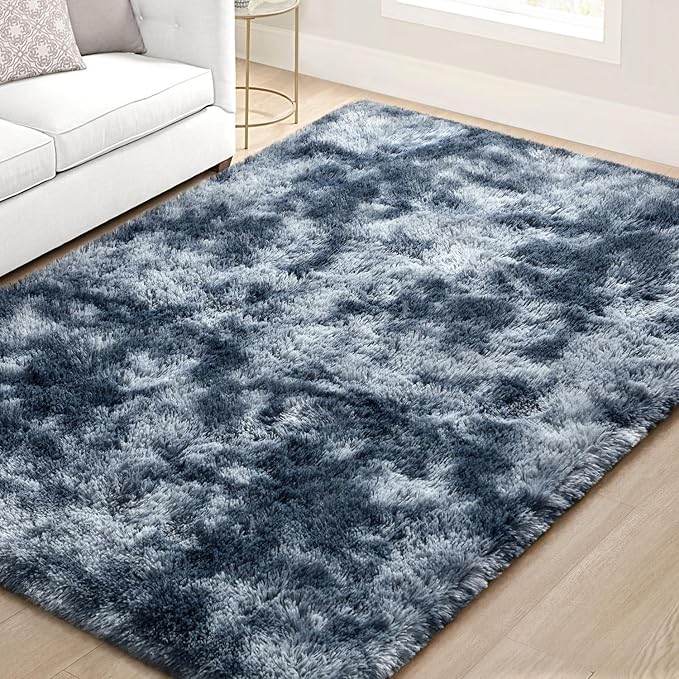 EVOIONOS Area Rug for Bedroom Living Room, Machine Washable 4x6 Fluffy Shag Rug, Soft Plush Non Slip Carpet for Indoor Floor Bedside Nursery Kids Room, Dorm, Home Decor Aesthetic, Tie-Dyed Blue Grey