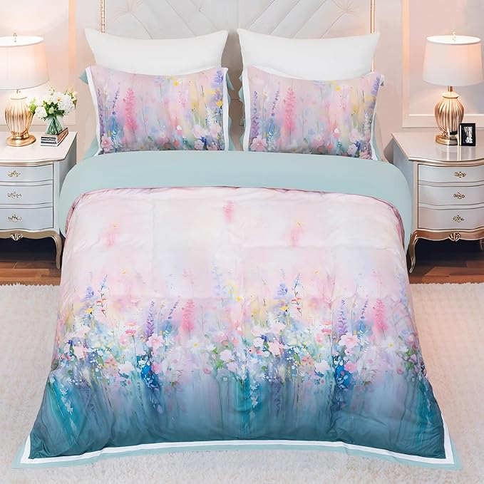 MAGRACE Watercolor Printed Duvet Cover Set Queen Size - Impressionist Floral Bedding in Washed Fiber – Pastel Ombre Garden Print with Corner Ties & Zipper – Soft and Artistic