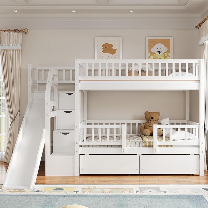 Twin Over Twin Bunk Bed with Storage Staircase, Solid Wood Bunk Bed Frame with Slide and 2 Drawers for Kids Teens Adult Bedroom, No Box Spring Needed (White/63r)