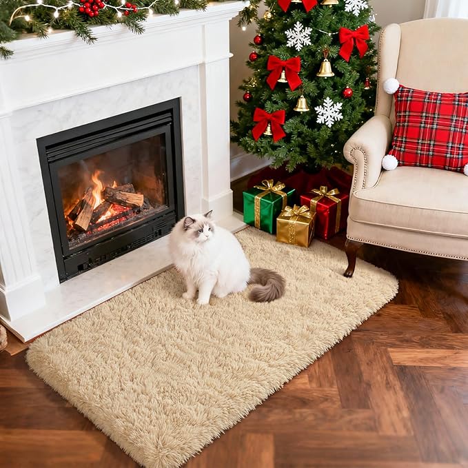 Merelax Fluffy Rug Shaggy Area Rug, Beige 2x4 Area Rugs for Bedroom, Small Kids Bedside Rug, Soft Non-Slip Entryway Throw Rugs for Living Room Bedroom Nursery Room Home Holiday Decor Aesthetic