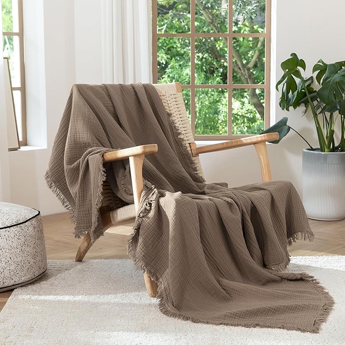 MooMee Muslin Blanket - 100% Cotton 4-Layer Gauze Throw Blanket with Tassels Ultra-Soft Breathable Lightweight Cooling for Bed Couch (Brown,Oversize Queen 98" x 98")