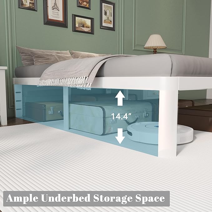 King Size Bed Frame 16 Inch White, Metal King Bed Frame with Baffles, No Box Spring Needed, Heavy Duty Steel Platform Support, Round Corner Design, Reserved Holes, Noiseless, Storage Space