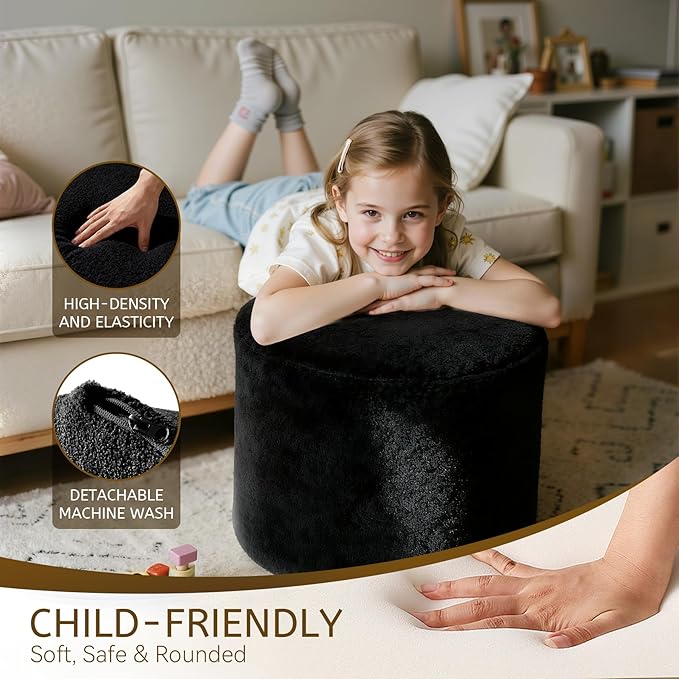 Round Boucle Pouf Ottoman Footrest – Soft & Lightweight Footstool with Full Foam Filling for Living Room, Bedroom