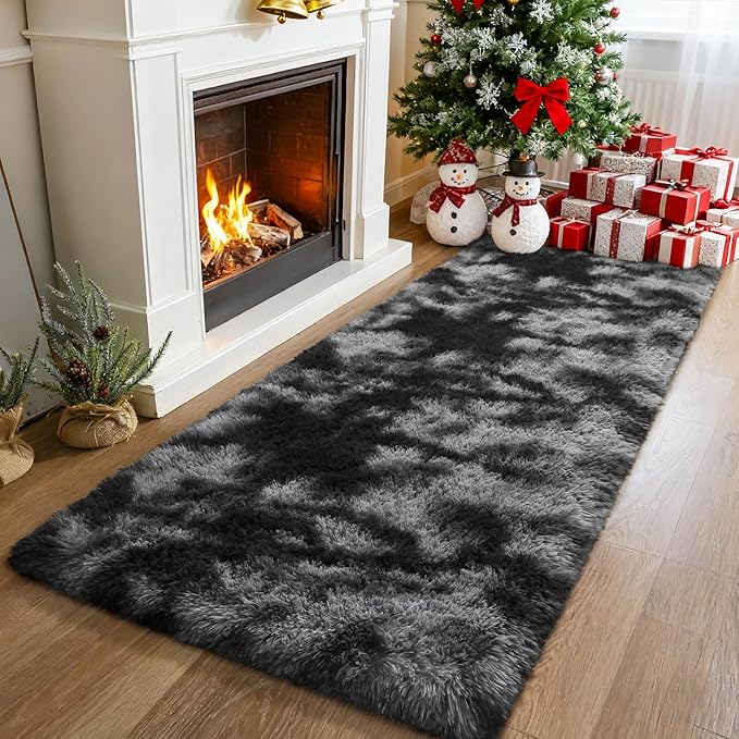 Merelax Soft Area Rugs for Livingroom Bedroom, Shaggy Plush Fuzzy Fluffy Carpet Furry Fur Rug, Modern Indoor Comfy Nursery Kids Dorm Home Decor Floor Mat, 2 x 6 ft, Tie-Dyed Black & Grey